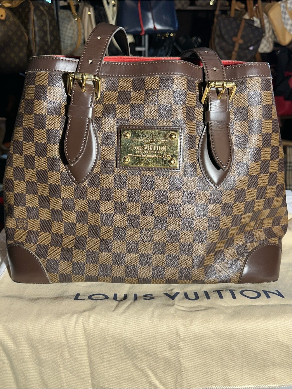 Louis Vuitton Damier Ebene Hampstead MM Tote with Red Interior Trim